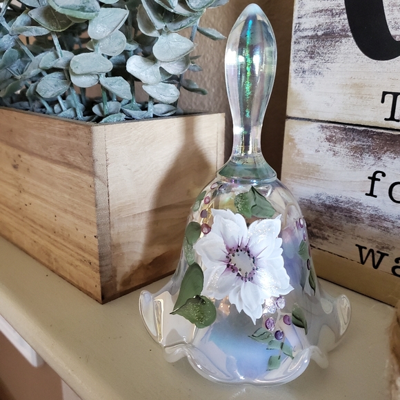 Fenton Other - Fenton Art Glass Handpainted Iridescent Floral Ruffled Bell Signed S. Miller